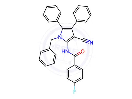 Chemical structure of N-(1-benzyl-3-cyano-4,5-diphenyl-1H-pyrrol-2-yl)-4-fluorobenzamide