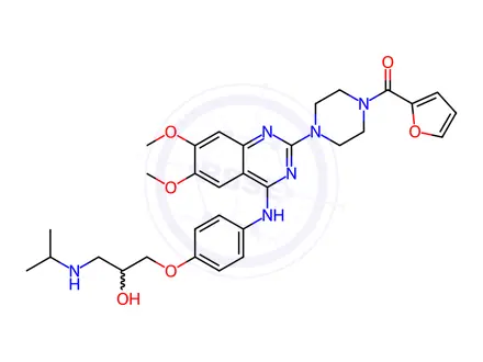 Chemical structure of 2-furyl-[4-[4-[[4-[2-hydroxy-3-(propan-2-ylamino)propoxy]phenyl]amino]-6,7-dimethoxy-quinazolin-2-yl]piperazin-1-yl]methanone trihydrochlori de