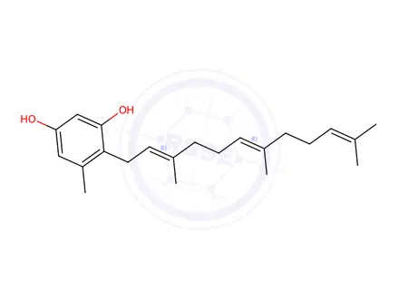 Chemical structure of 1,3-Benzenediol,5-methyl-4-[(2E,6E)-3,7,11-trimethyl-2,6,10-dodecatrien-1-yl]-