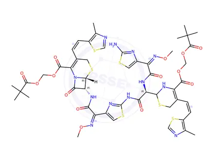Chemical structure of (6R,7R)-(pivaloyloxy)methyl 7-((Z)-2-(2-((2R)-2-((Z)-2-(2-aminothiazol-4-yl)-2-(methoxyimino)acetamido)-2-(5-((Z)-2-(4-methylthiazol-5-yl)vinyl)-4-(((pivaloyloxy)methoxy)carbonyl)-3,6-dihydro-2H-1,3-thiazin-2-yl)acetamido)thiazol-4-yl)-2-(methoxyimino)acetamido)-3-((Z)-2-(4-methylthiazol-5-yl)vinyl)-8-oxo-5-thia-1-azabicyclo[4.2.0]oct-2-ene-2-carboxylate