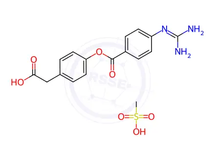 Chemical structure of 2-(4-((4-Guanidinobenzoyl)oxy)phenyl)acetic acid compound with methanesulfonic acid (1:1)