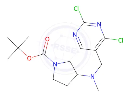 Chemical structure of tert-butyl 3-(((2,4-dichloropyrimidin-5-yl)methyl)(methyl)amino)pyrrolidine-1-carboxylate
