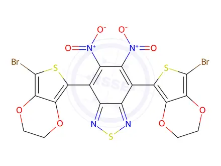 Chemical structure of 4,7-bis(7-bromo-2,3-dihydrothieno[3,4-b][1,4]dioxin-5-yl)-5,6-dinitrobenzo[c][1,2,5]thiadiazole