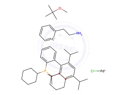 Chemical structure of Chloro(2-dicyclohexylphosphino-2',4',6'-tri-i-propyl-1,1'-biphenyl)[2-(2-aminoethyl)phenyl] palladium(II) methyl-t-butylether adduct, min. 98% [XPhos Palladacycle Gen. 1]
