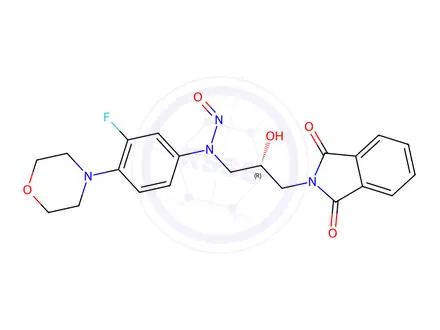 Chemical structure of (R)-N-(3-(1,3-dioxoisoindolin-2-yl)-2-hydroxypropyl)-N-(3-fluoro-4-morpholinophenyl)nitrous amide