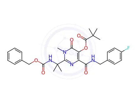 Chemical structure of 2-(2-(((benzyloxy)carbonyl)amino)propan-2-yl)-4-((4-fluorobenzyl)carbamoyl)-1-methy1-6-oxo-1,6-dihydropyrimidin-5-yl pivalate