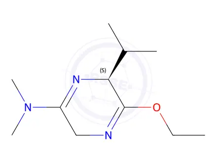 Chemical structure of Pyrazinamine, 5-ethoxy-3,6-dihydro-N,N-dimethyl-6-(1-methylethyl)-, (S)-(9CI)