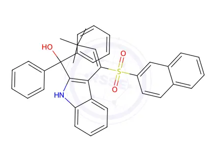 Chemical structure of (Z)-(3-(3,3-Dimethyl-1-(naphthalen-2-ylsulfonyl)but-1-en-1-yl)-1H-indol-2-yl)diphenylmethanol