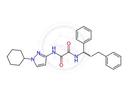 Chemical structure of N-(1-cyclohexyl-1H-pyrazol-3-yl)-N'-(1,3-diphenylp ropyl)ethanediamide