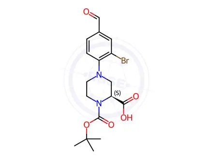 Chemical structure of (S)-4-(2-Bromo-4-formylphenyl)-1-(tert-butoxy-carbonyl)piperazine-2-carboxylic acid