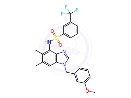 Chemical structure of N-{1-[(3-methoxyphenyl)methyl]-5,6-dimethyl-1H-1,3-benzodiazol-4-yl}-3-(trifluoromethyl)benzene-1-sulfonamide