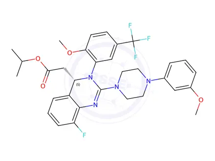 Chemical structure of (S)-isopropyl 2-(8-fluoro-3-(2-methoxy-5-(trifluoromethyl)phenyl)-2-(4-(3-methoxyphenyl)piperazin-1-yl)-3,4-dihydroquinazolin-4-yl)acetate