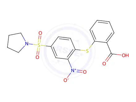 Chemical structure of 2-{[2-nitro-4-(pyrrolidin-1-ylsulfonyl)phenyl]thio}benzoic acid