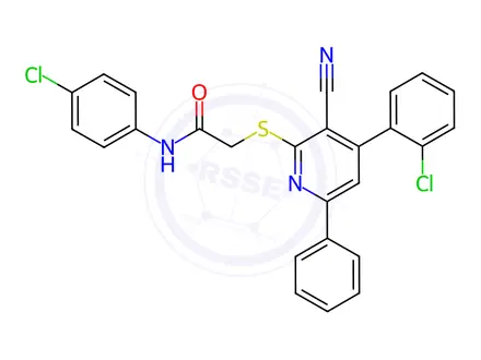 Chemical structure of N-(4-chlorophenyl)-2-((4-(2-chlorophenyl)-3-cyano-6-phenylpyridin-2-yl)thio)acetamide