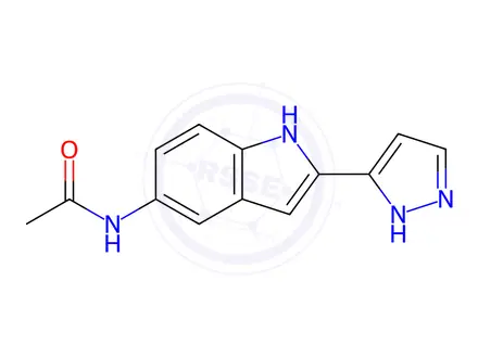 Chemical structure of N-(2-(1H-Pyrazol-3-yl)-1H-indol-5-yl)acetamide