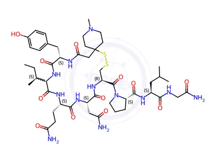 Chemical structure of oxytocin, 1'-(1'-methyl-4'-thiopiperidine)acetic acid-