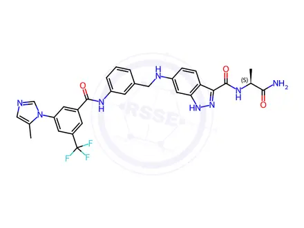 Chemical structure of (S)-N-(1-amino-1-oxopropan-2-yl)-6-((3-(3-(5-methyl-1H-imidazol-1-yl)-5-(trifluoromethyl)benzamido)benzyl)amino)-1H-indazole-3-carboxamide