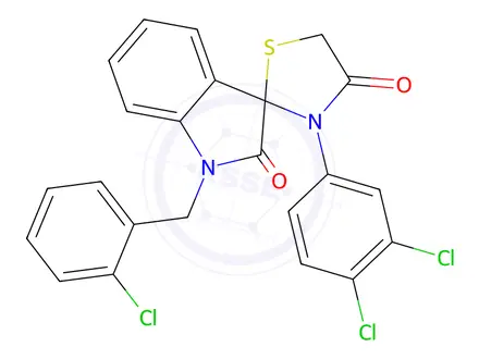 Chemical structure of 1-[(2-Chlorophenyl)methyl]-3'-(3,4-dichlorophenyl)-1,2-dihydrospiro[indole-3,2'-[1,3]thiazolidine]-2,4'-dione