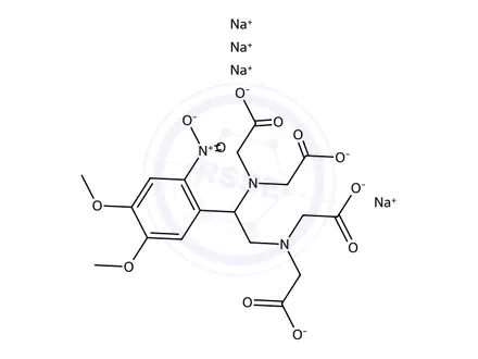 Chemical structure of Glycine, N,N'-[1-(4,5-dimethoxy-2-nitrophenyl)-1,2-ethanediyl]bis[N-(carboxymethyl)-, tetrasodium salt (9CI)