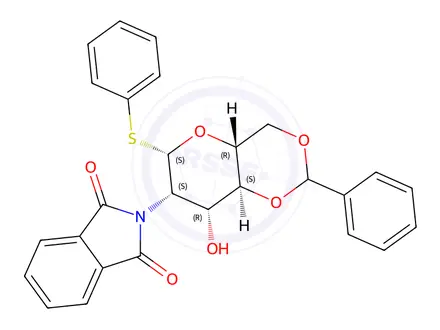 Chemical structure of 2-((4aR,6S,7S,8R,8aS)-hexahydro-8-hydroxy-2-phenyl-6-(phenylthio)pyrano[3,2-d][1,3]dioxin-7-yl)isoindoline-1,3-dione