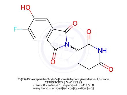 Chemical structure of 2-(2,6-Dioxopiperidin-3-yl)-5-fluoro-6-hydroxyisoindoline-1,3-dione