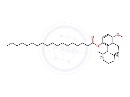 Chemical structure of Octadecanoic acid, (6E,10Z)-5,8,9,12-tetrahydro-4-methoxy-7,11-dimethyl-1-benzocyclodecenyl ester