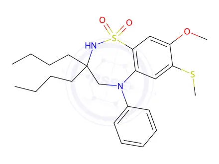 Chemical structure of 3,3-Dibutyl-8-methoxy-7-(methylthio)-5-phenyl-2,3,4,5-tetrahydrobenzo[f][1,2,5]thiadiazepine 1,1-dioxide