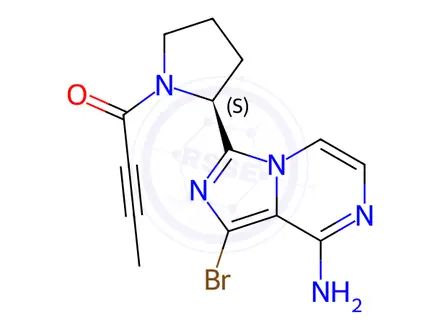 Chemical structure of 1-[(2S)-2-(8-Amino-1-bromoimidazo[1,5-a]pyrazin-3-yl)-1-pyrrolidinyl]-2-butyn-1-one