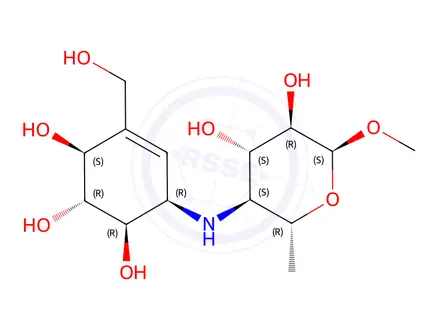 Chemical structure of alpha-D-Glucopyranoside, methyl 4,6-dideoxy-4-((4,5,6-trihydroxy-3-(hy droxymethyl)-2-cyclohexen-1-yl)amino)-, (1R-(1alpha,4alpha,5beta,6alph a))-