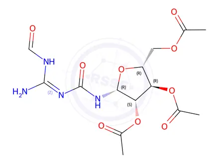 Chemical structure of (2R,3R,4S,5R)-2-(acetoxymethyl)-5-((Z)-3-(amino(formamido)methylene)ureido)tetrahydrofuran-3,4-diyl diacetate