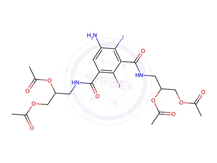 Chemical structure of ((5-amino-2,4-diiodoisophthaloyl)bis(azanediyl))bis(propane-3,2,1-triyl) tetraacetate