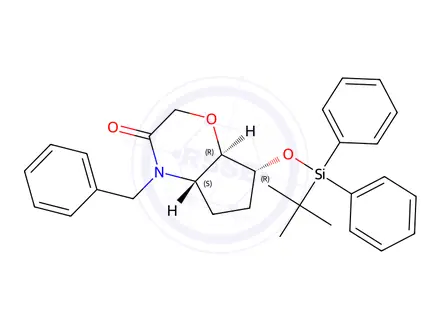 Chemical structure of Racemic-(4aS,7R,7aR)-4-benzyl-7-(tert-butyldiphenylsilyloxy)hexahydrocyclopenta[b][1,4]oxazin-3(2H)-one