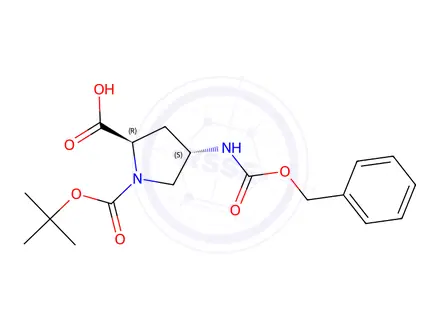 Chemical structure of (2R,4S)-4-(((benzyloxy)carbonyl)amino)-1-(tert-butoxycarbonyl)pyrrolidine-2-carboxylic acid