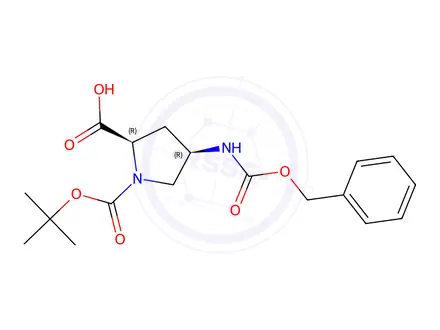 Chemical structure of (2R,4R)-4-(((benzyloxy)carbonyl)amino)-1-(tert-butoxycarbonyl)pyrrolidine-2-carboxylic acid