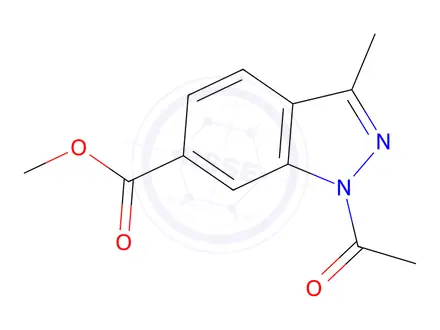 Chemical structure of 1H-Indazole-6-carboxylic acid, 1-acetyl-3-methyl-, methyl ester