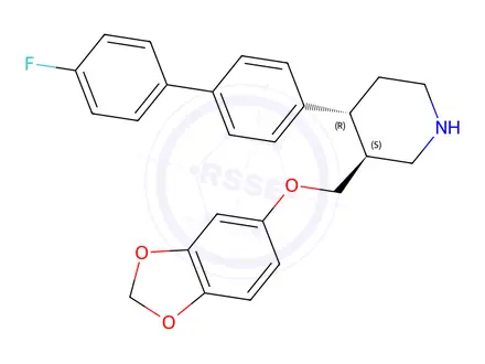 Chemical structure of rel-(3R,4S)-3-((Benzo[d][1,3]dioxol-5-yloxy)methyl)-4-(4'-fluoro-[1,1'-biphenyl]-4-yl)piperidine