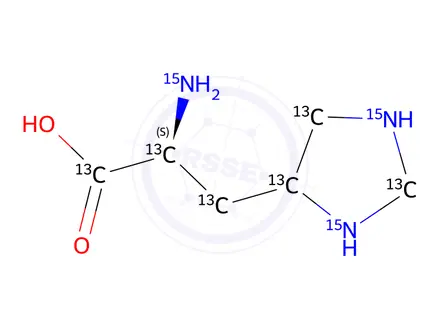 Chemical structure of (2S)-2-(Amino-15N)-3-(imidazolidin-4-yl-13C3-15N2)propanoic-1,2,3-13C3 Acid