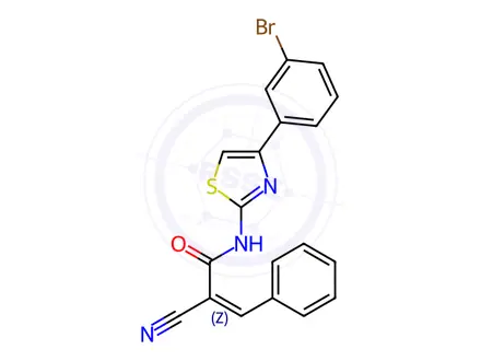 Chemical structure of N-[4-(3-bromophenyl)-1,3-thiazol-2-yl]-2-cyano-3-p henylprop-2-enamide