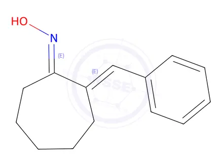 Chemical structure of Cycloheptanone, 2-(phenylmethylene)-, oxime, (E,E)-(9CI)