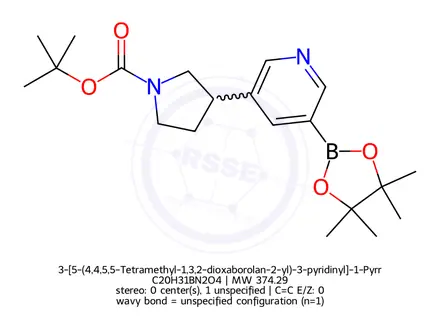 Chemical structure of 3-[5-(4,4,5,5-Tetramethyl-1,3,2-dioxaborolan-2-yl)-3-pyridinyl]-1-Pyrrolidinecarboxylic Acid 1,1-Dimethylethyl Ester