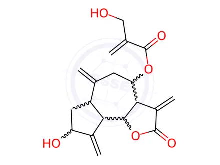Chemical structure of 2-Hydroxymethylpropenoic acid dodecahydro-8-hydroxy-3,6,9-tris(methylene)-2-oxoazuleno[4,5-b]furan-4-yl ester