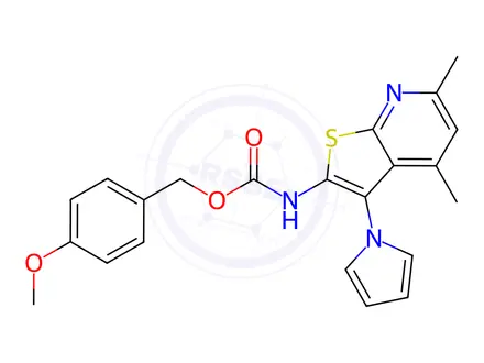 Chemical structure of (4-Methoxyphenyl)methyl N-[4,6-dimethyl-3-(1H-pyrrol-1-yl)thieno[2,3-b]pyridin-2-yl]carbamate