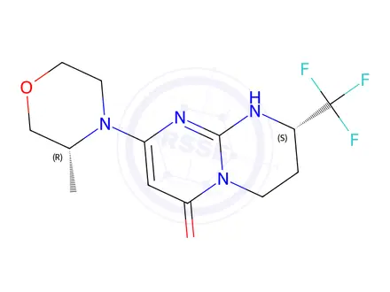 Chemical structure of (S)-8-((R)-3-methylmorpholino)-2-(trifluoromethyl)-3,4-dihydro-1H-pyrimido[1,2-a]pyrimidin-6(2H)-one
