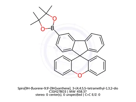 Chemical structure of Spiro[9H-fluorene-9,9'-[9H]xanthene], 3-(4,4,5,5-tetramethyl-1,3,2-dioxaborolan-2-yl)-