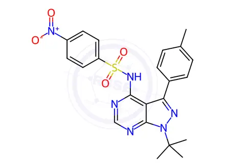 Chemical structure of N-(1-(tert-butyl)-3-(p-tolyl)-1H-pyrazolo[3,4-d]pyrimidin-4-yl)-4-nitrobenzenesulfonamide