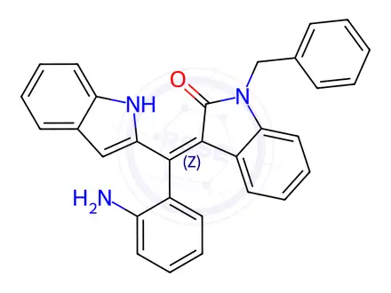Chemical structure of (Z)-3-((2-aminophenyl)(1H-indol-2-yl)methylene)-1-benzylindolin-2-one