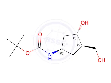 Chemical structure of Tert-butyl ((1R,3S,4R)-3-hydroxy-4-(hydroxymethyl)cyclopentyl)carbamate