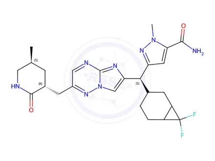 Chemical structure of (S)-1-(3,6-Dibromopyridin-2-yl)-2-(3,5-difluorophenyl)ethan-1-amine acetyl-L-leucinate