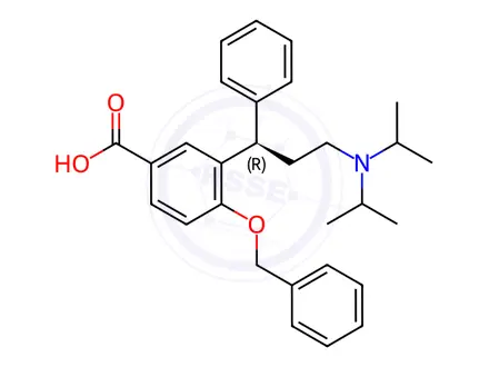 Chemical structure of 3-[(1R)-3-[Bis(1-methylethyl)amino]-1-phenylpropyl]-4-(phenylmethoxy)benzoic acid