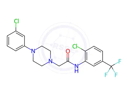 Chemical structure of N-(2-chloro-5-(trifluoromethyl)phenyl)-2-(4-(3-chlorophenyl)piperazin-1-yl)acetamide